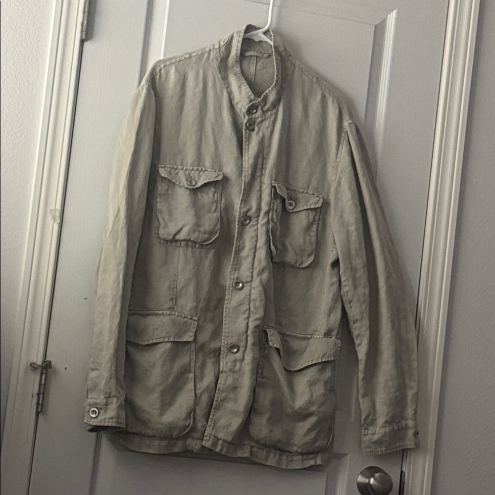 Ermenegildo Zegna Lightweight Banded Collar Linen Cotton Field Jacket, EUC XL